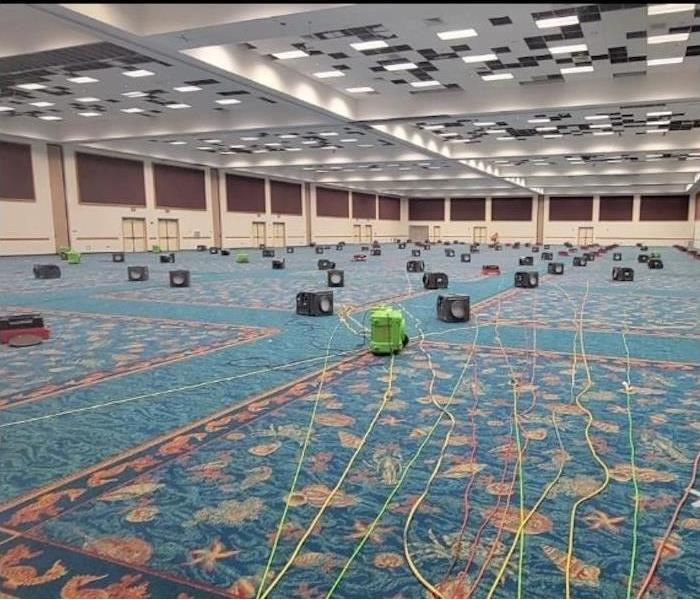 Large room with SERVPRO equipment set up on the blue and coral carpeting